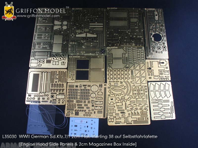 L35030GR WW II German Sd.Kfz.7/1 2cm Flak-Vierling38 auf Selbstfahrlafette (Engine Hood Side Panels & 2cm Magazine Box Inside) (for Dragon 6525 Kt) 1/35