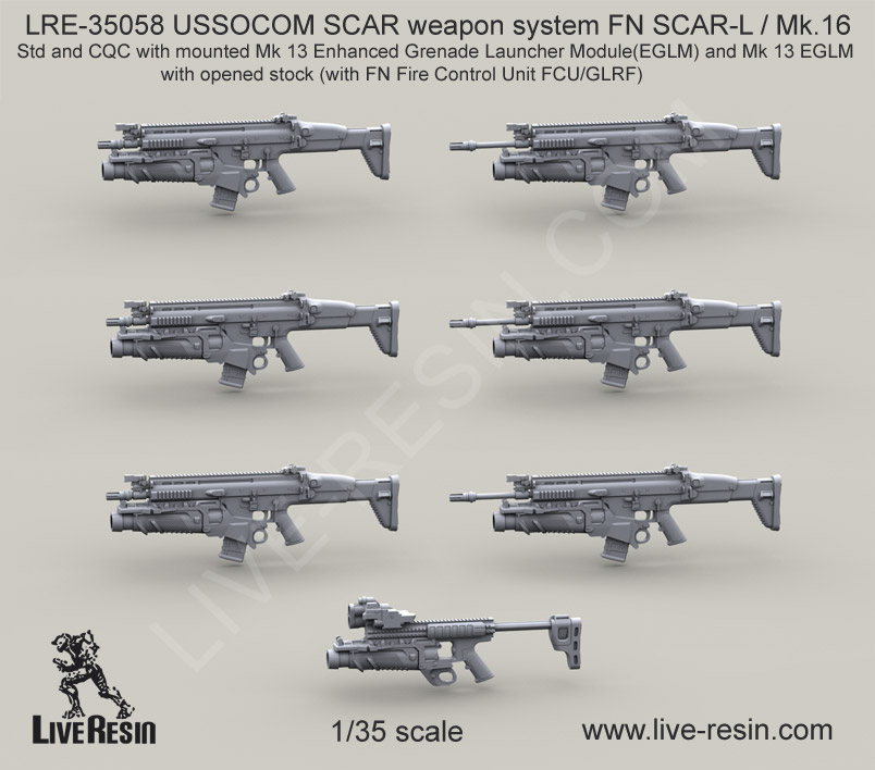 LRE35058 USSOCOM SCAR weapon system FN SCAR-L / Mk.16 Std and CQC with mounted Mk 13 Enhanced Grenade Launcher Module(EGLM) and Mk 13 EGLM